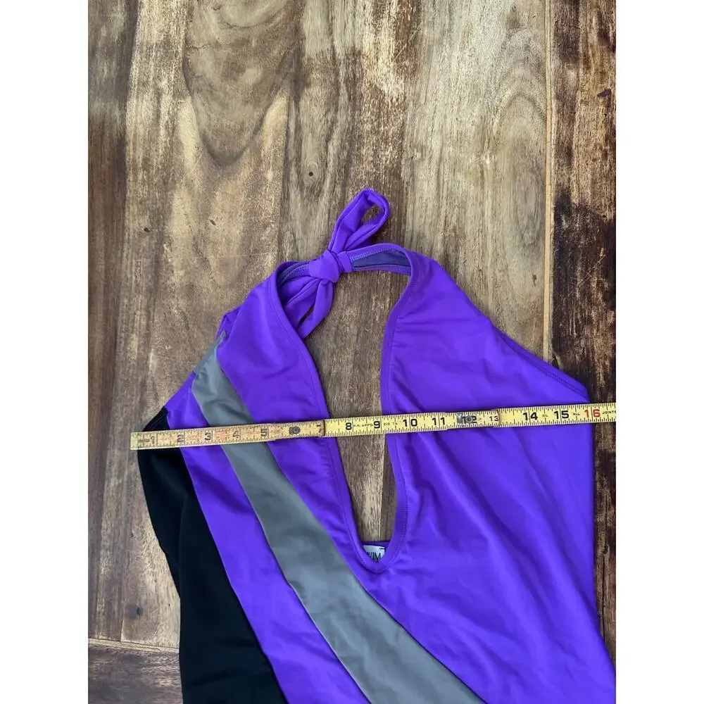 ICON Swim Purple High-Cut Cheeky Plunge Halter One-Piece Swimsuit Size XXL